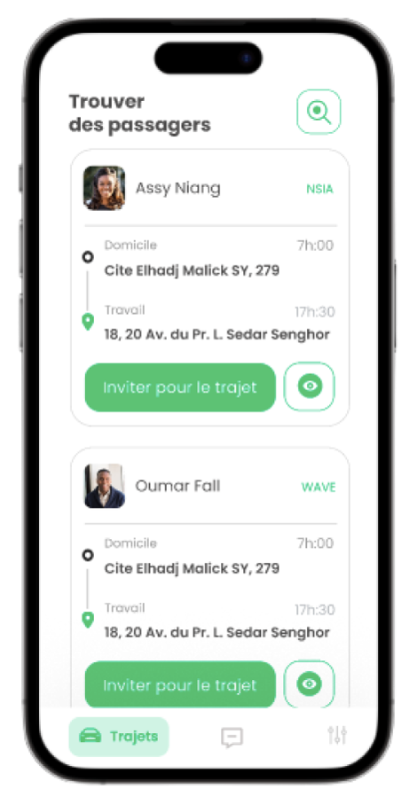 Application Tukkijamm — écran Trouver des passagers